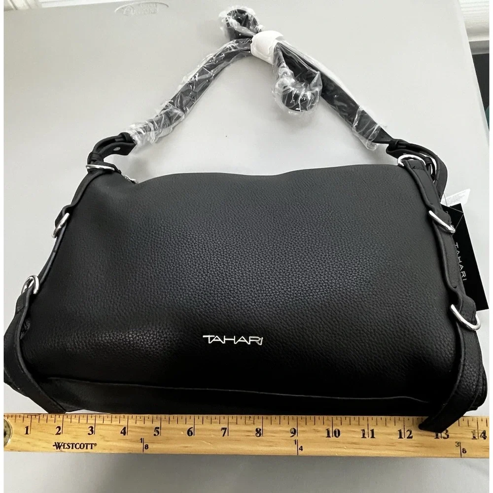 Tahari Avery Vegan Leather Hobo Bag Black Zip Top Large Tote Handbag